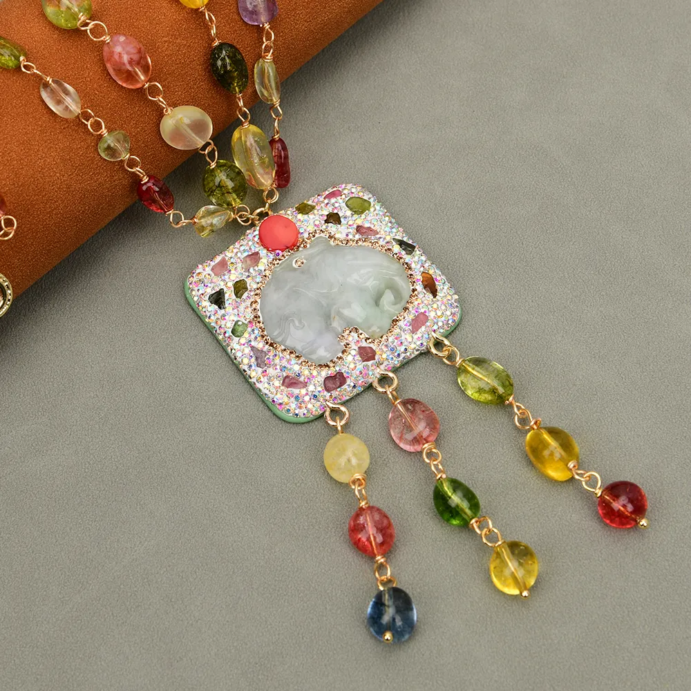 Pendant Necklaces GG Jewelry 2 Rows Mix Color Natural Crystal Smooth Net Stone Necklace Jadeite Carved Elephant_voghion.com