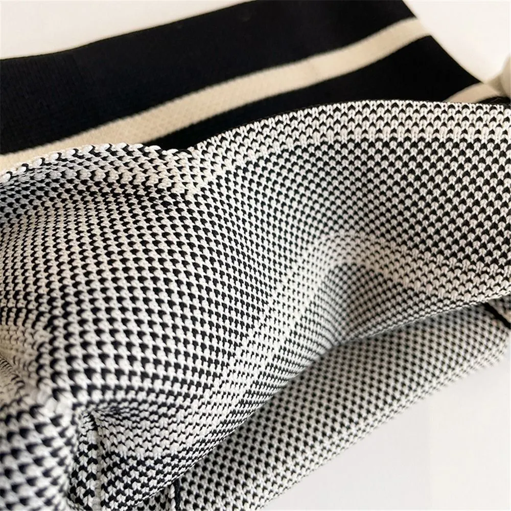 1PC Women Mini Handbag Handmade Knit Knot Wrist Japanese Color Wide Stripe Plaid Tote Bag Student Reusable Shopping Bags_voghion.com