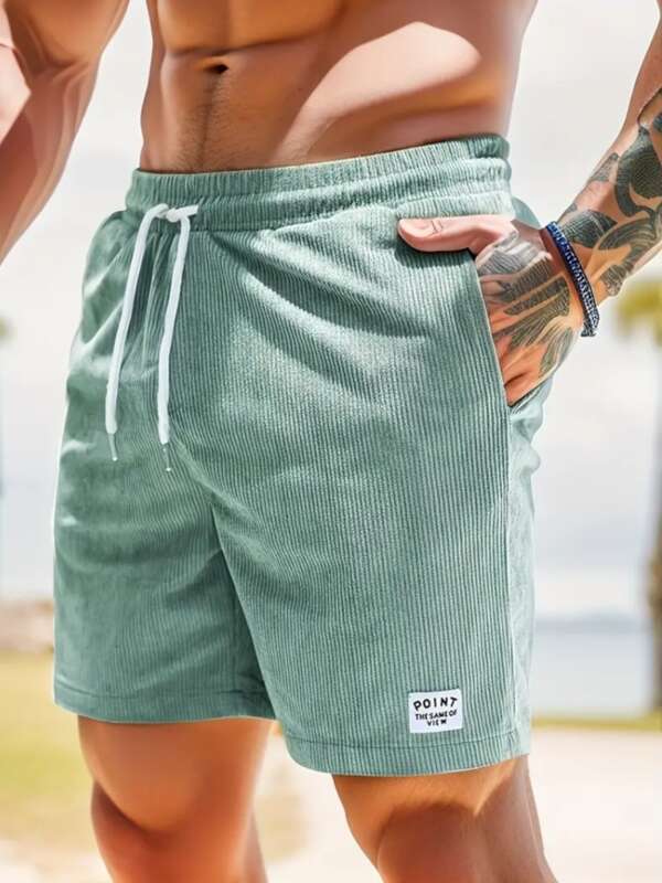 Pantaloni della tuta allacciati tinta unita nuovi estivi 2025, in velluto a coste, semplici pantaloncini da cinque minuti, pantaloni casual da uomo_voghion.com