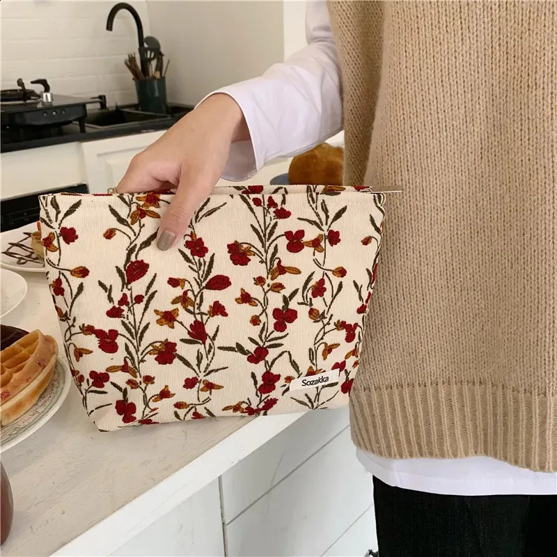 Trousse de toilette en toile imprimée rétro tendance, grande capacité, pour femmes, trousse de voyage pour cosmétiques, sacs de rangement pour maquillage 240815_voghion.com