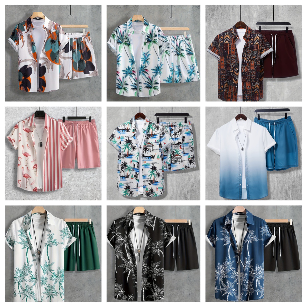 Europe and the United States 2024 summer new shirt shorts suit 3D printing leisure holiday men's cardigan two-piece set_voghion.com
