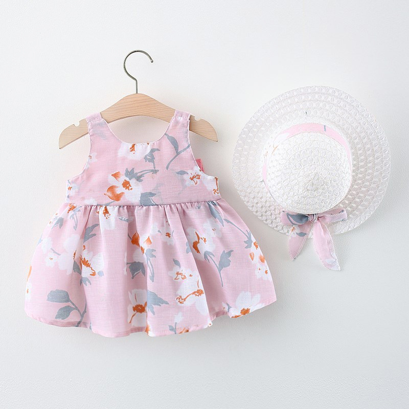 Baby Girl Dress Summer Flower Printed Cotton Sling Dress Fashion Princess Dress Kids Clothes Send Hat_voghion.com