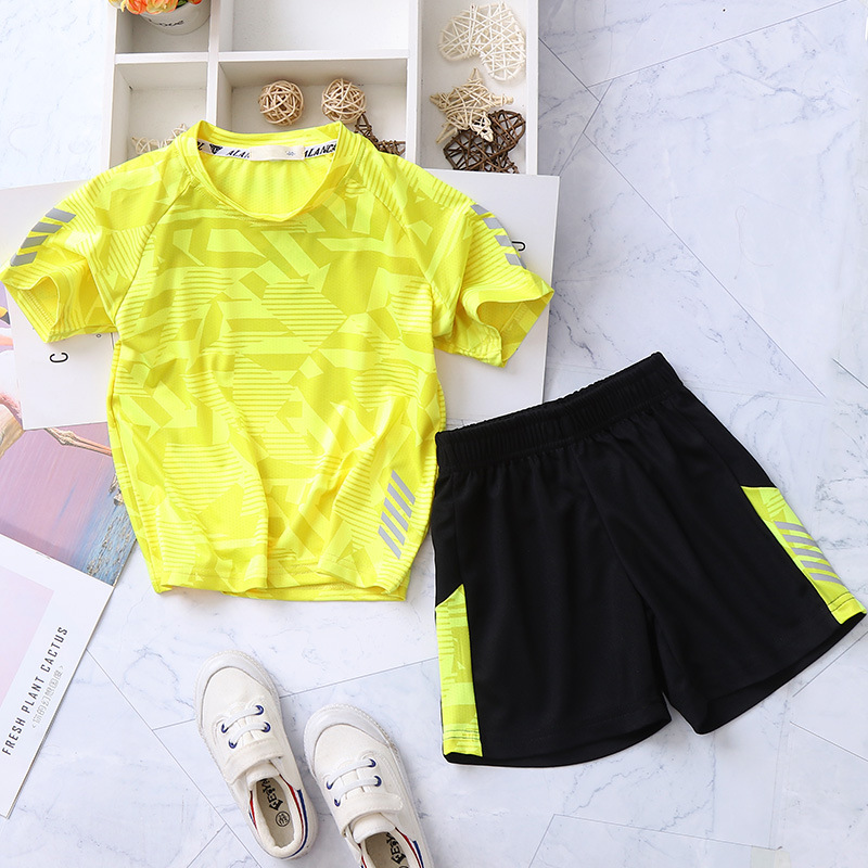 Ensemble de vêtements pour enfants, motif géométrique moyen et grand, 2025, t-shirt à manches courtes, ensemble deux pièces tendance pour garçons_voghion.com