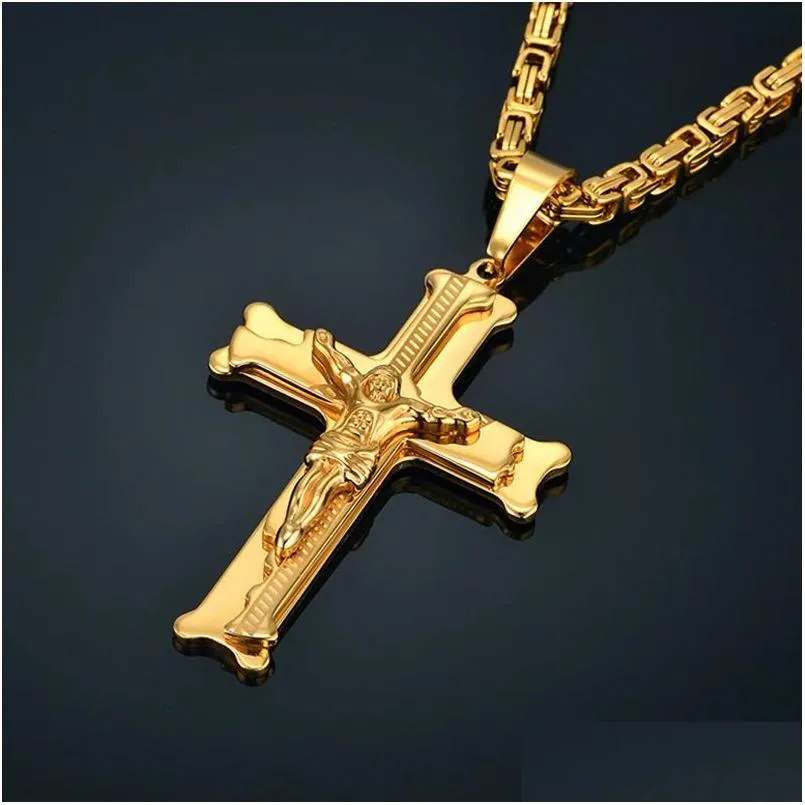 14 karat guld stort Jesus kors vedhæng med lang kæde herre farve krucifiks halskæder mandlige relius smykker drop levering_voghion.com