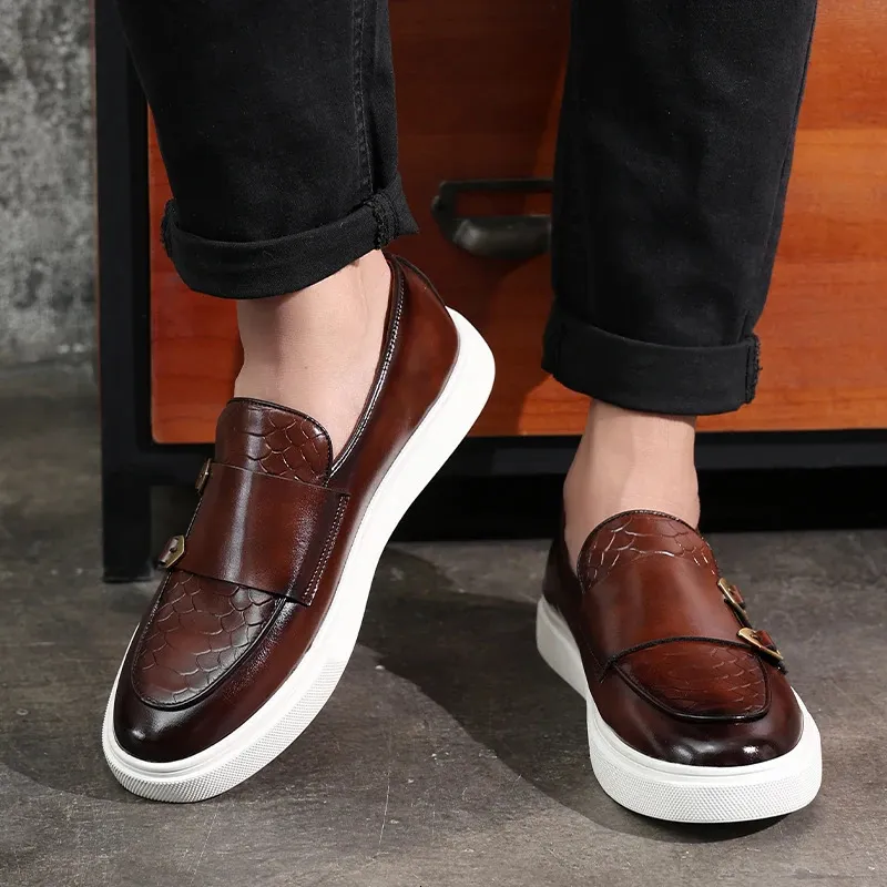 Retro-Mode Herren Schwarz Braun Flats Monk Strap Lederschuhe Casual Loafers Formelle Kleidung Schuhe atos Hombre_voghion.com