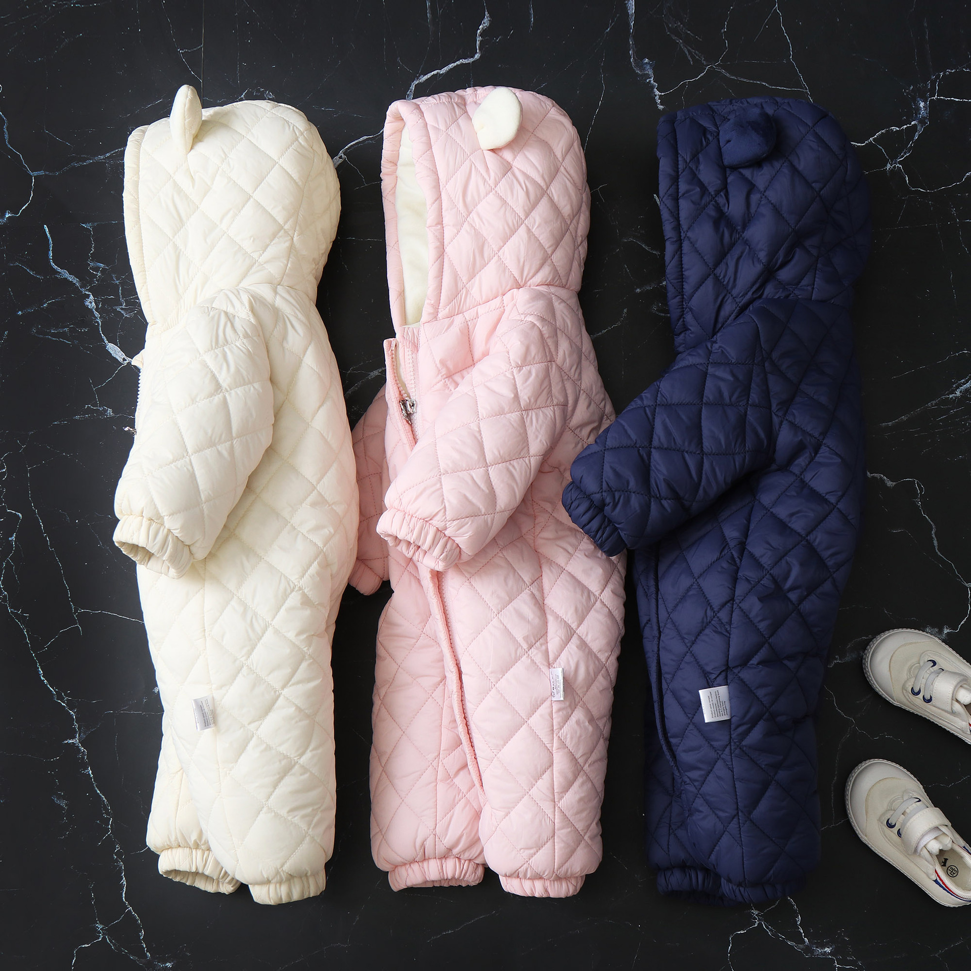 Cozy Fleece-Lined Hooded Baby Jumpsuit With Adorable Ear Design - Winter Warm One-Piece Romper For Toddlers (1-3 Years, 80-100cm) - Soft Polyester​