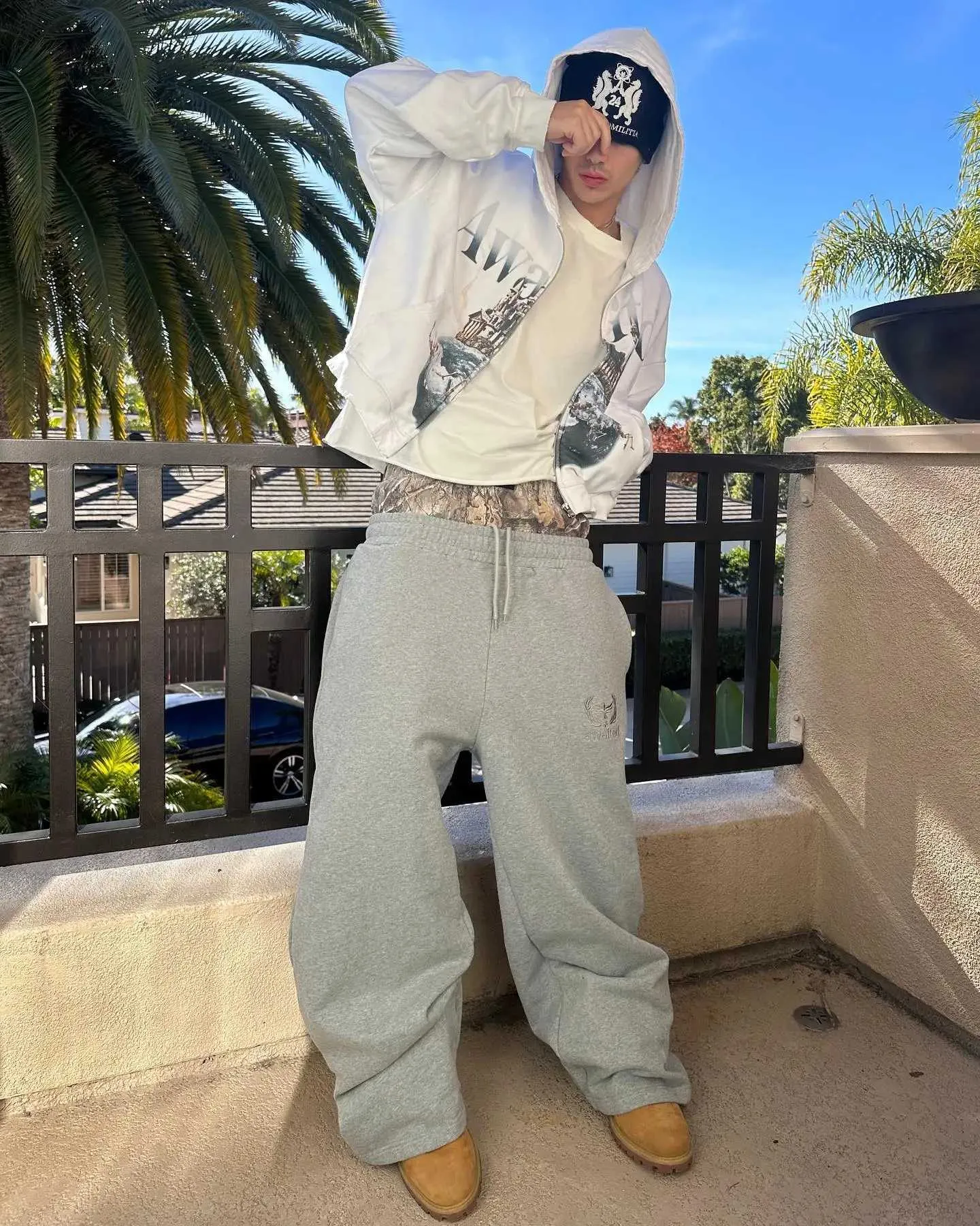 Y2K Retro Jogginghose Doppelt tailliert Besticktes Camouflage Muster Weites Bein Herren Trend Casual Streetwear Unisex Baggy_voghion.com