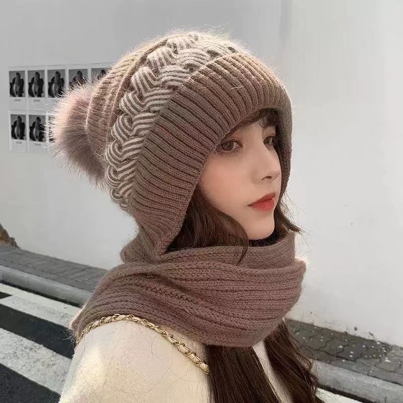 Gorro coreano de otoño e invierno para mujer, más gorro de hilo de terciopelo, bufanda para mujer, gorro todo en uno, gorro de punto grueso y cálido con protección para las orejas a prueba de frío