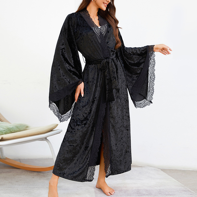 Halat de baie lung pentru femei, pijamale, sexy, dantelă, ușoară, luxoasă, cu mâneci lungi, cămașă de noapte din catifea, halat de baie, haine de casă_voghion.com