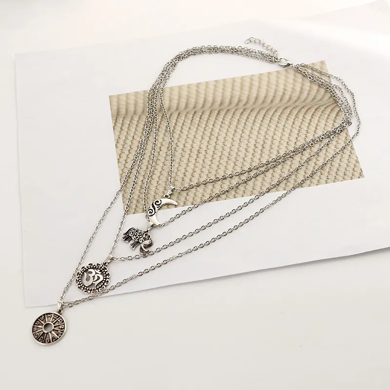 Colares com pingentes Boho 3D Elefante Lua Colar para mulheres Cor Prata Multicamadas Crescente Metal Jóias Colares_voghion.com