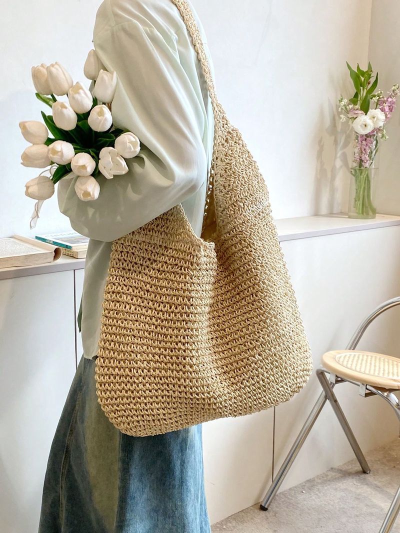 Sommer Resort Mode Stroh-Gewebt Damen Große-Kapazität Schulter Tasche Mit Hand-Gewebt Strand_voghion.com