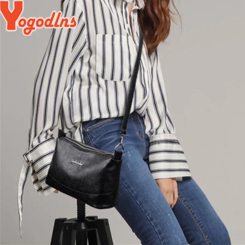 Borsa a tracolla da donna in morbida pelle PU con doppia tasca Yogodlns, con due tracolle, nera_voghion.com