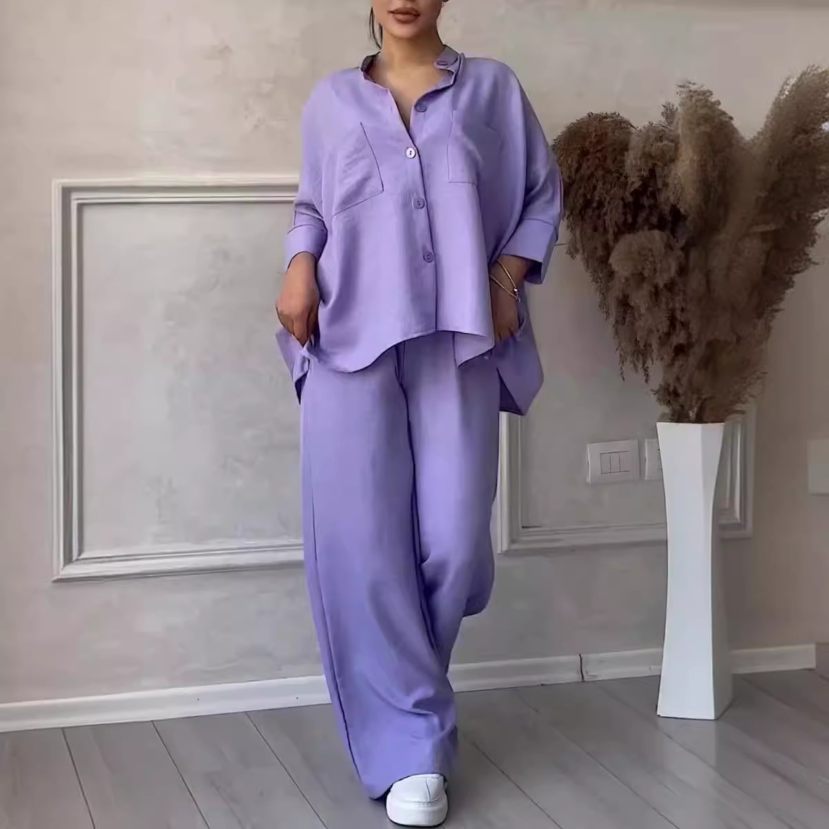 Vêtements pour femmes Ensemble 2 pièces pour femmes Ensemble chemise tendance grande taille Pantalon ample taille haute