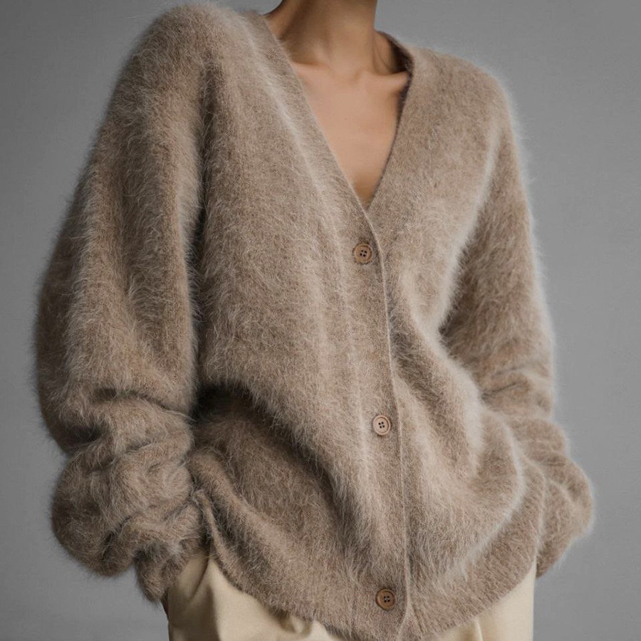 Women's Clothing Mink V neck knitted sweater autumn and winter new loose solid color cardigan female coat