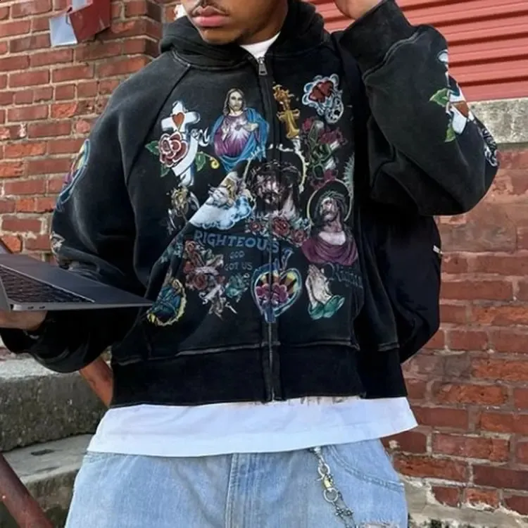 Vintage Risen King Graphic Print Oversized Zip-Up Hoodie Men Y2K Autumn Long Sleeves Casual Sweatshirt Streetwear Women_voghion.com