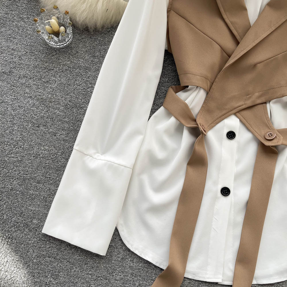 Ženska oblačila Ženska dvodelna obleka za ženske v jeseni, modna in elegantna, večplastna kratka majica brez rokavov, bela srajca z dolgimi rokavi_voghion.com