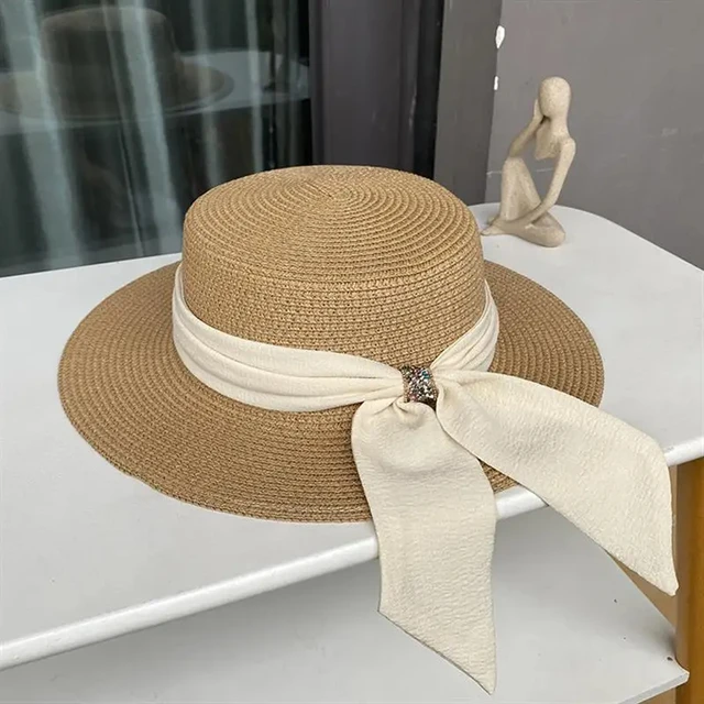 Fashion Fashion New Sun Fedora Women Men Caps Flat Top Wide Brim Straw Hat Summer Beach Casual White Ribbon Panama Hats for Ladies_voghion.com
