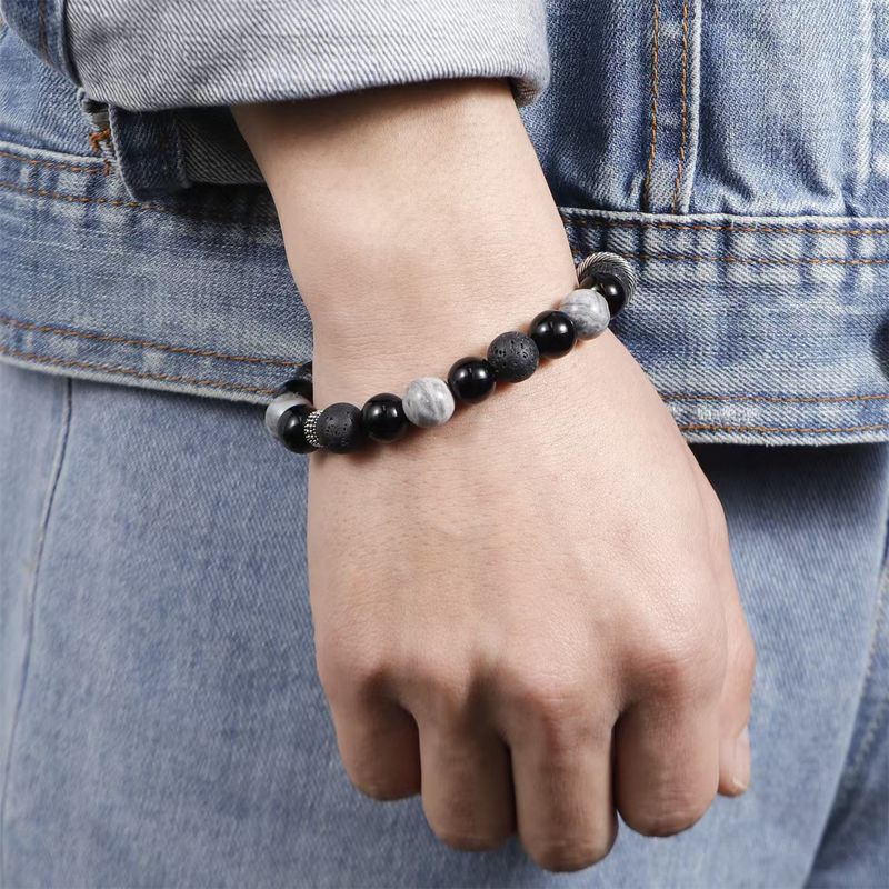 Brățară bărbătească reglabilă cu model de piatră vulcanică împletită, de înaltă calitate, cu design original, model fulg de zăpadă_voghion.com