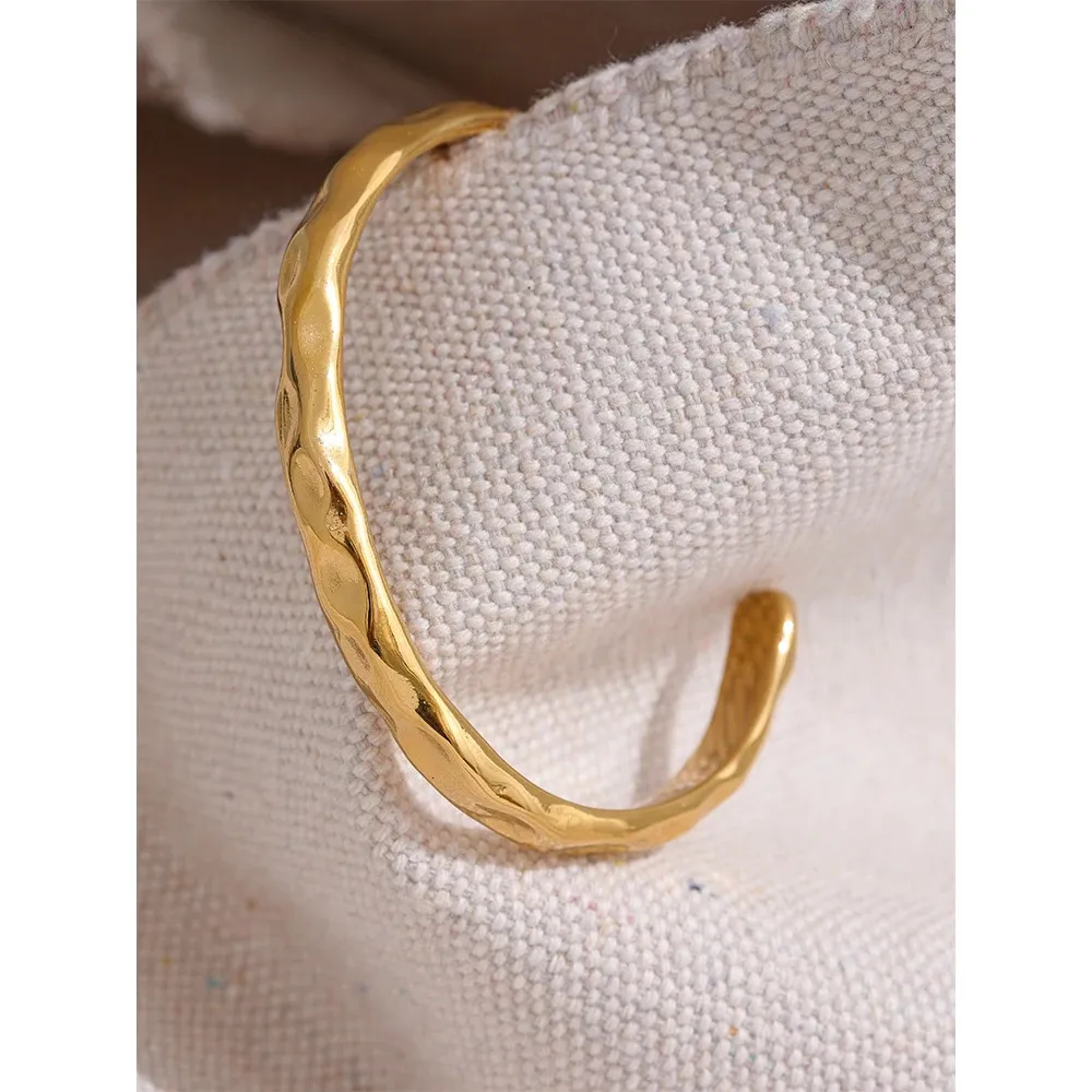 Yhpup Minimalist Gold Color Tarnish Free Fashion Stainless Steel Bangle Bracelet Metal Texture Simple Open Charm Wrist_voghion.com