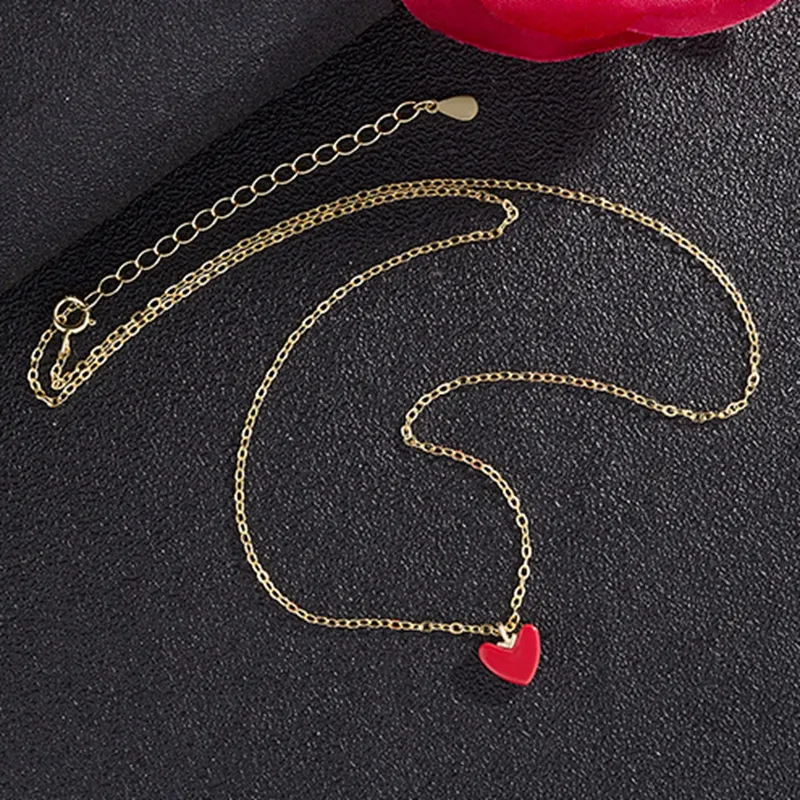 Chaînes en argent sterling avec pendentif en forme de cœur rouge et simple, chaîne plaquée or pour femme, colliers fins et légers_voghion.com