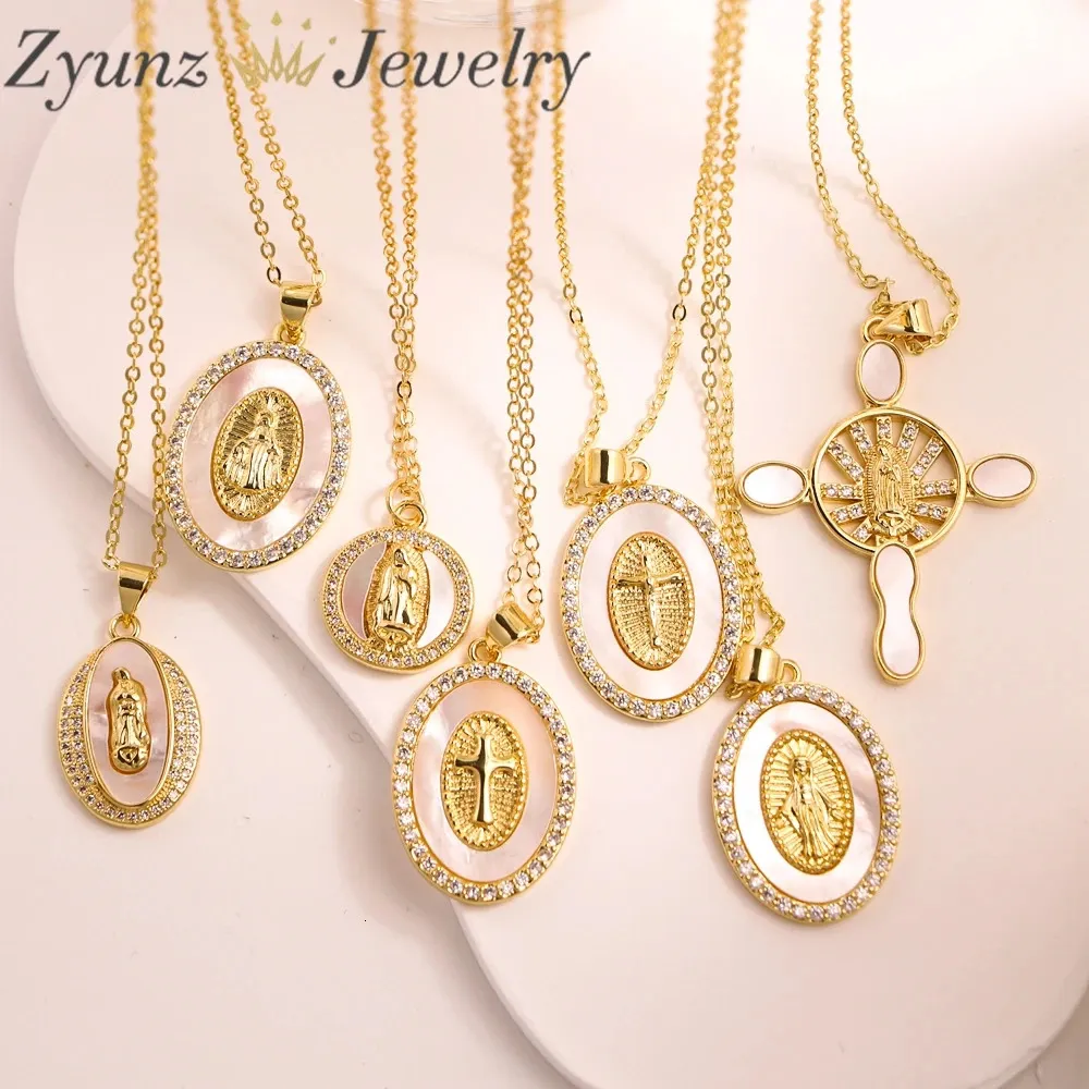 10 pezzi ciondolo con ciondolo in zirconia cubica intarsiata in oro con ciondolo a forma di conchiglia di Gesù, Vergine Maria, collana con gioielli religiosi 240710_voghion.com