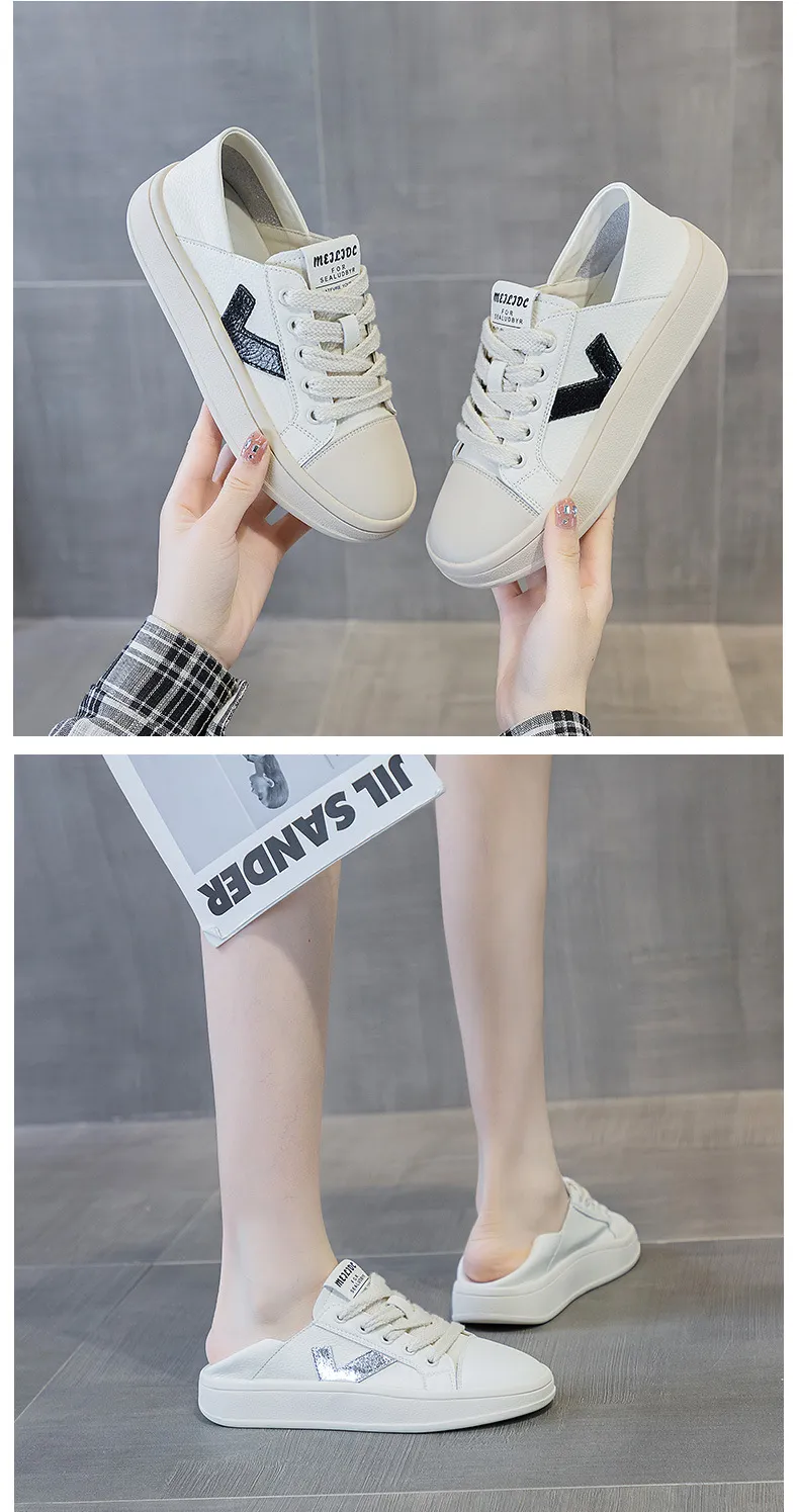 Damen Leder Runde Zehen V-förmig Dicke Sohle und Flache Öffnung Kleine Weiße Lässige Vielseitige Zweiteilige Sport-Boardschuhe_voghion.com