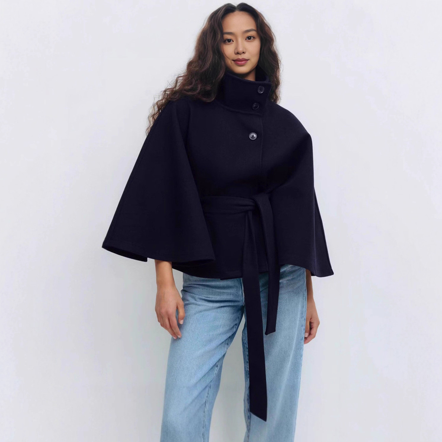 ​​Elegant High-Neck Belted Wool Coat For Women – Slim Fit, Pure Color, Versatile Outerwear For Fall & Winter​​