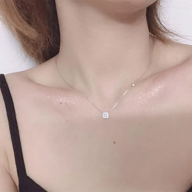 Collier avec pendentif en argent sterling et diamant carré pour femme, chaîne de clavicule simple et brillante, bijoux de mariage_voghion.com