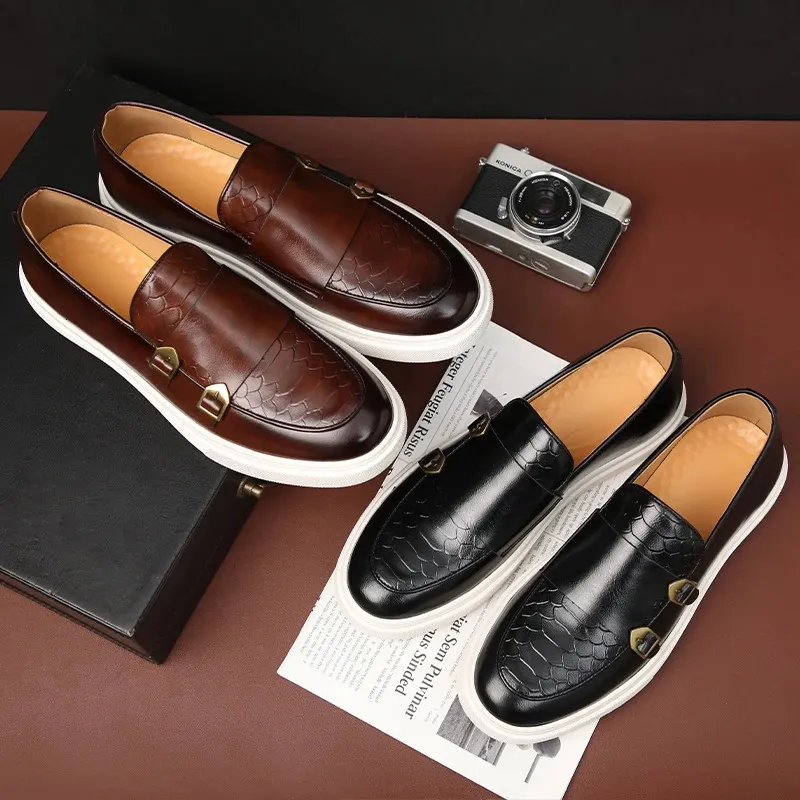 Retro-Mode Herren Schwarz Braun Flats Monk Strap Lederschuhe Casual Loafers Formelle Kleidung Schuhe atos Hombre_voghion.com