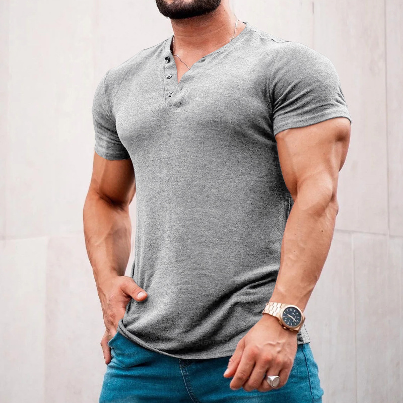 2023 Neues Sommer-T-Shirt für Herren, lässig, einfarbig, kurzärmelig, Rundhalsausschnitt, Pullover, Knopfleiste, Henley-Shirt_voghion.com
