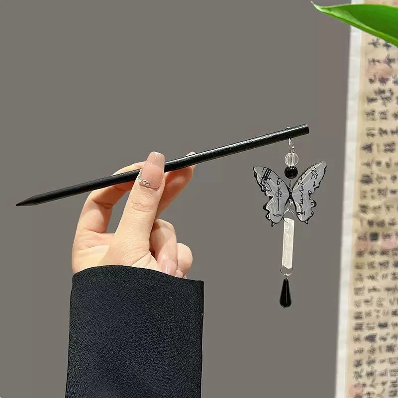 Fermagli per capelli in stile cinese elegante con calligrafia a farfalla e nappa, forcina per capelli, bacchetta, bastoncino, ornamento, copricapo, accessorio_voghion.com