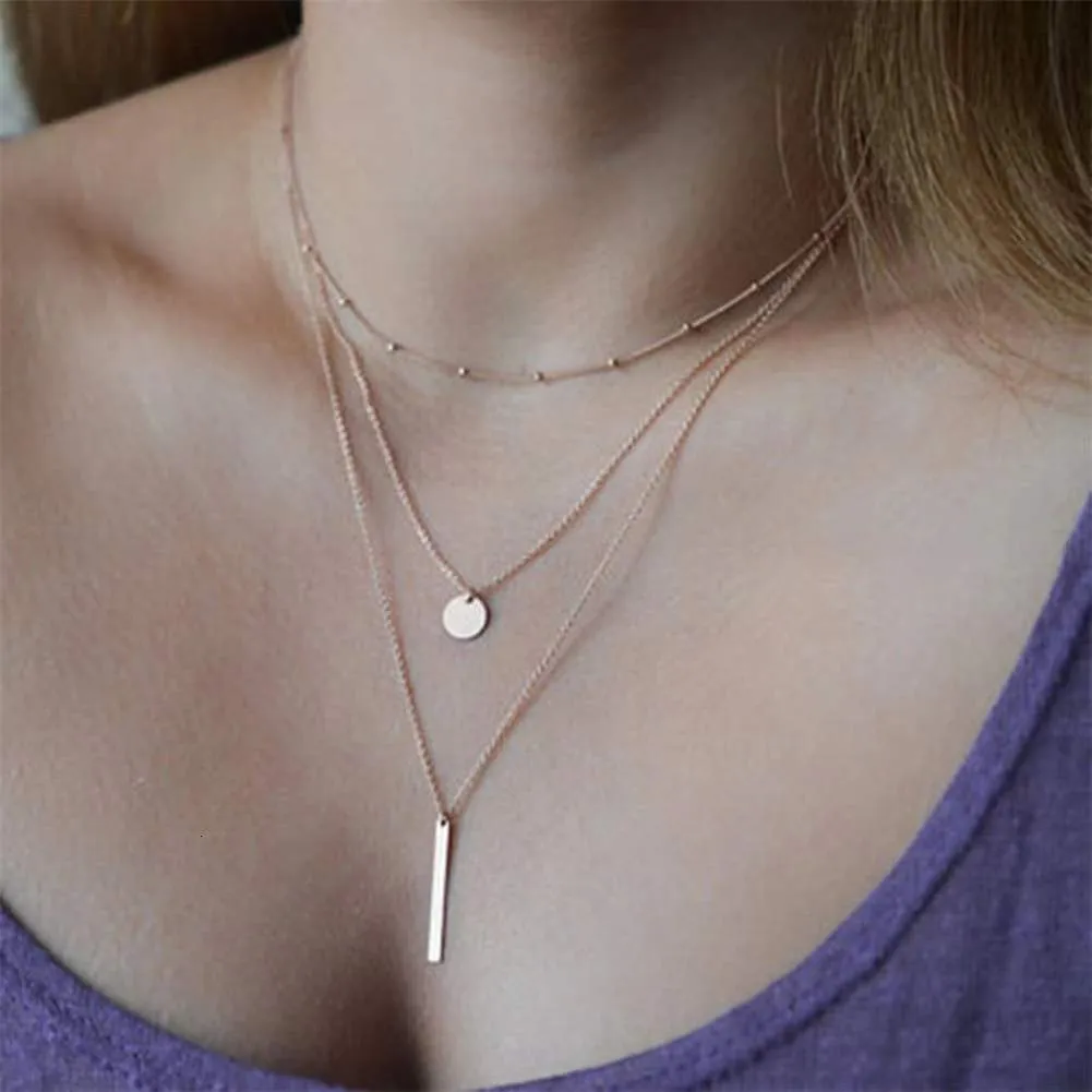 Collane Sterling Sier Semplice Collana a tre strati Ciondolo a barra lunga lucida Regali di nozze per donne Accessori squisiti_voghion.com