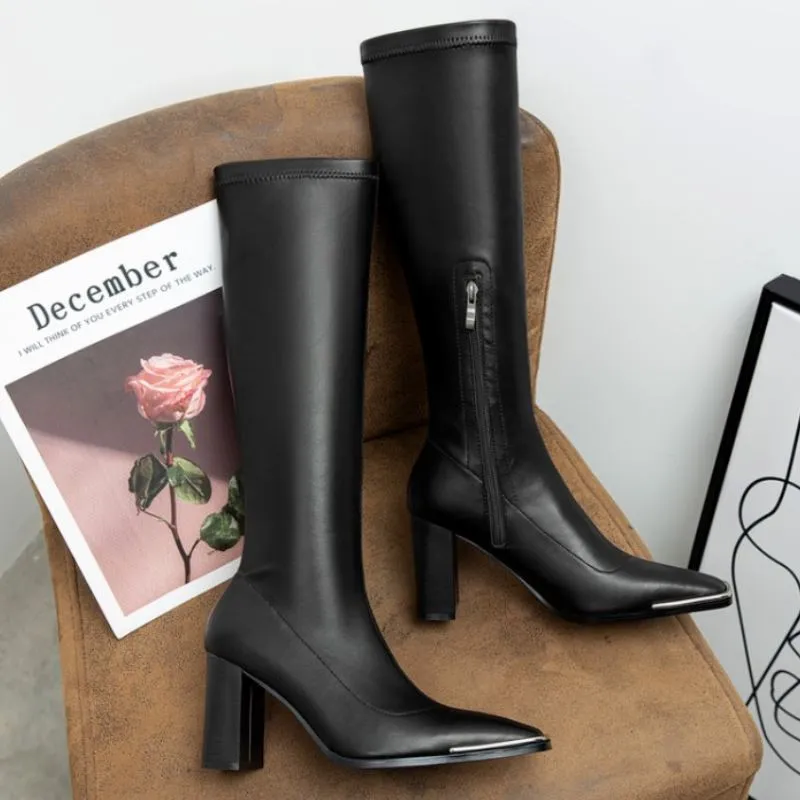 Women Knee Fashion Square Toe Thick High Heel Shoes Woman Zipper Warm Long Boots Office Lady Footwear Size 34-39_voghion.com