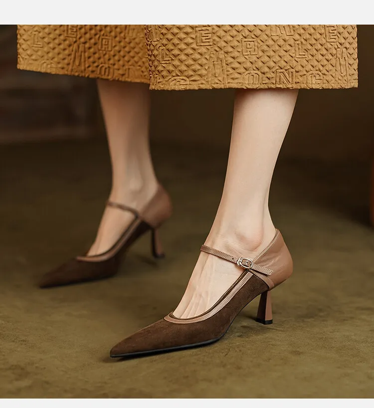 Primavera 2023 Scarpe con tacco a spillo, punta affilata, tacco sottile, in pelle scamosciata di pecora, da donna, con fibbia, fatte a mano, Bca9 S_voghion.com