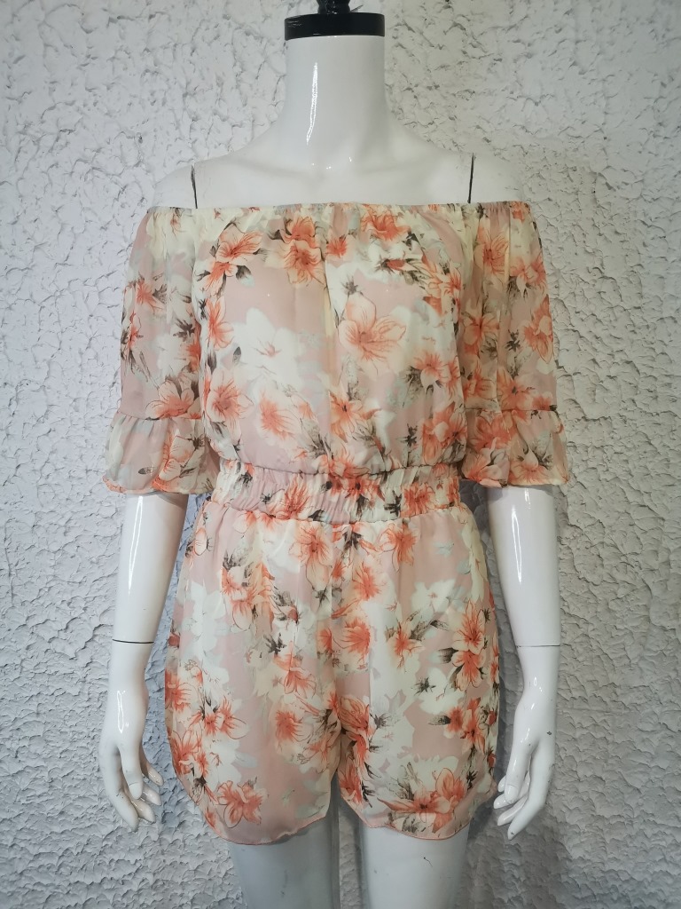 Kurzärmliger, lockerer, einfarbiger Chiffon-Overall für Damen_voghion.com