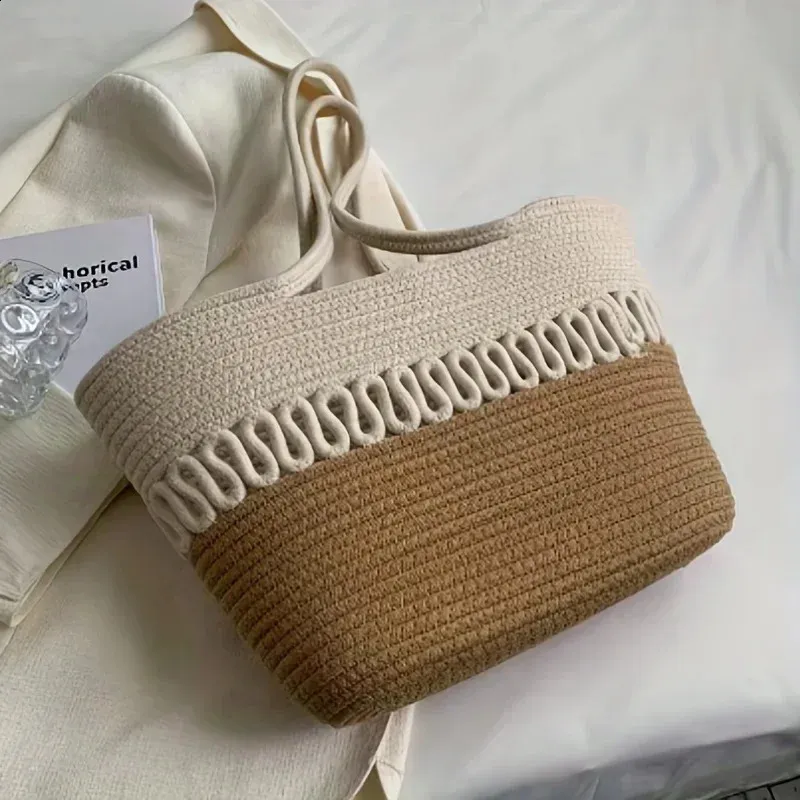 Damen Stroh Tote Bag Khaki Große Handgemachte Strandtasche_voghion.com