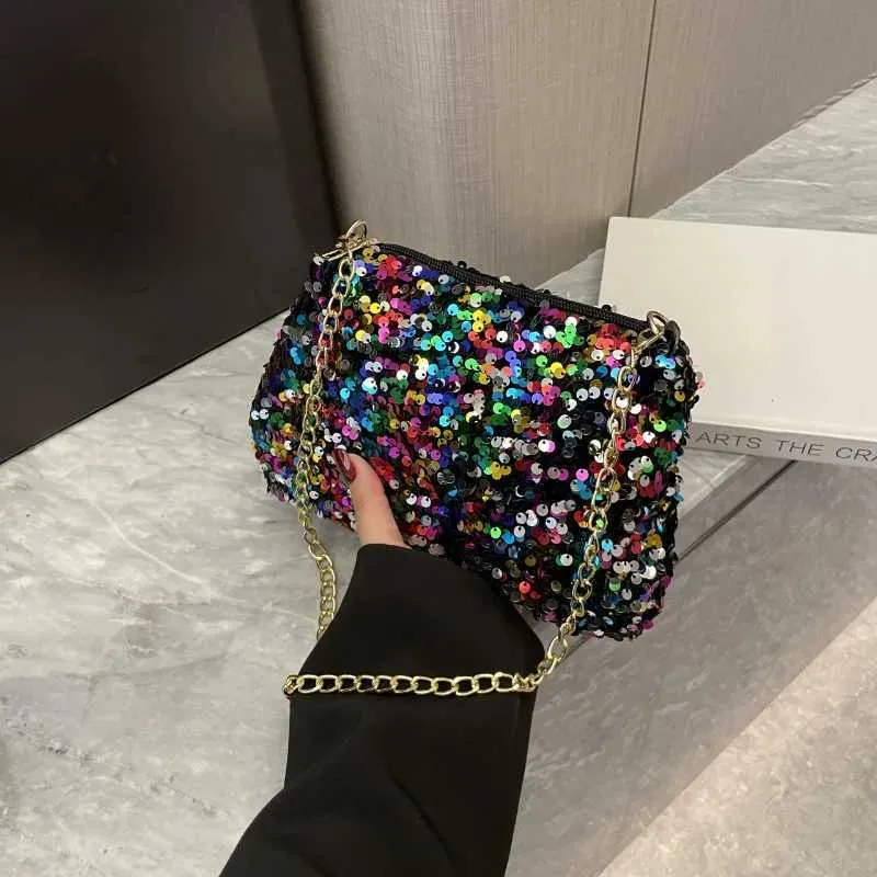 Sac à bandoulière à chaîne simple INS couleur unie paillettes sac à bandoulière portefeuille mobile sac à main de nuit Y241019_voghion.com
