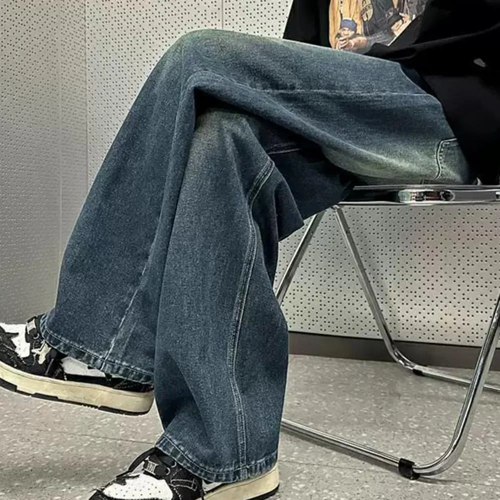 Men's Jeans Men Retro Washed Blue Hop Denim Trousers With Gradient Contrast Color Wide Leg Pockets High Street Style For_voghion.com