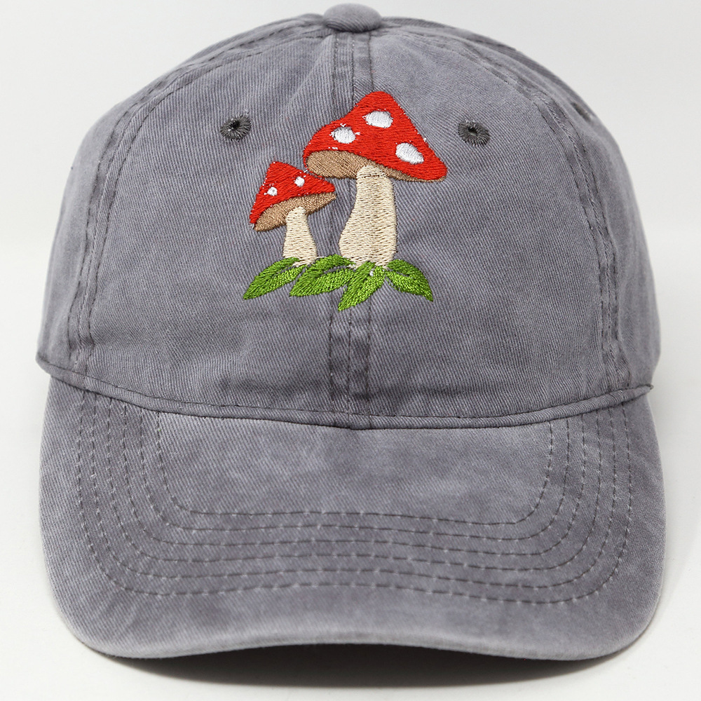 Vintage Washed Cotton Baseball Cap Mushroom Embroidery Dad Hat_voghion.com