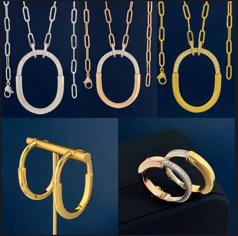 Collana con ciondolo a forma di U con lettera T e fibbia ad anello, con mezzo diamante, lucido, bracciale e orecchino, stile ellittico, designer_voghion.com