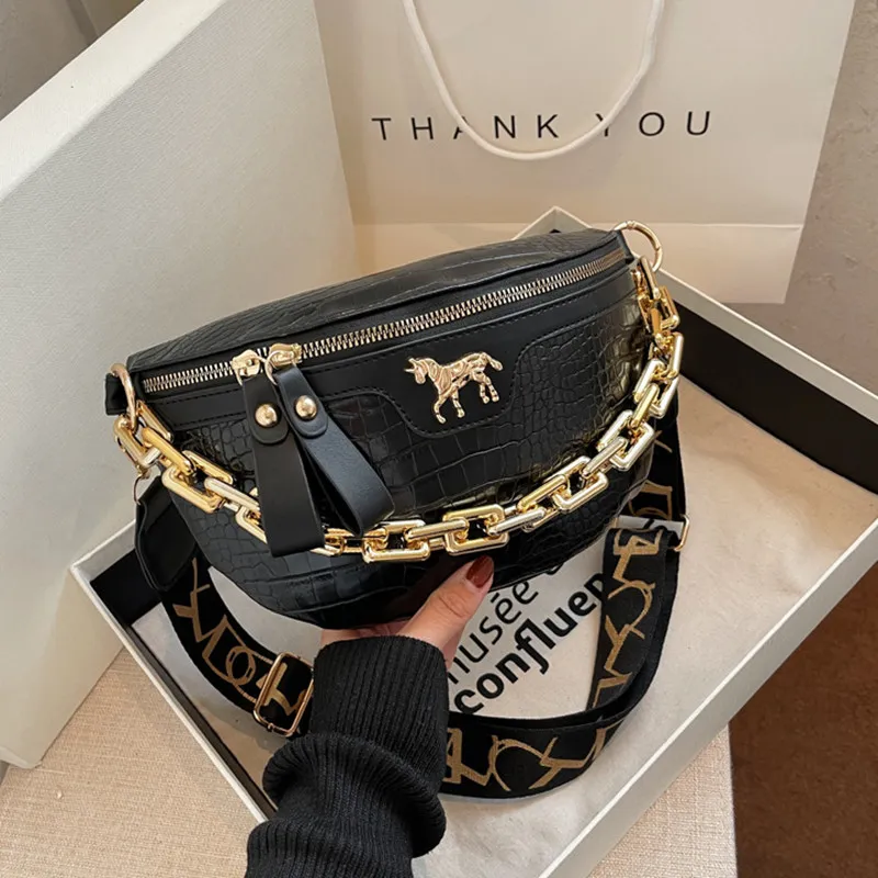 Thick Chain Women's Waist Fanny Pack Fashion Crossbody Chest Bags Female Belt Crocodile Shoulder Bag_voghion.com