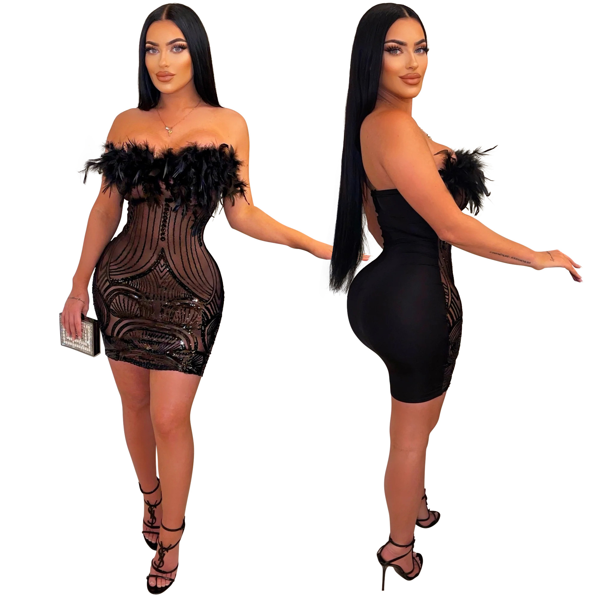 Women’s Clothing sexy one-shoulder see-through sequin dress