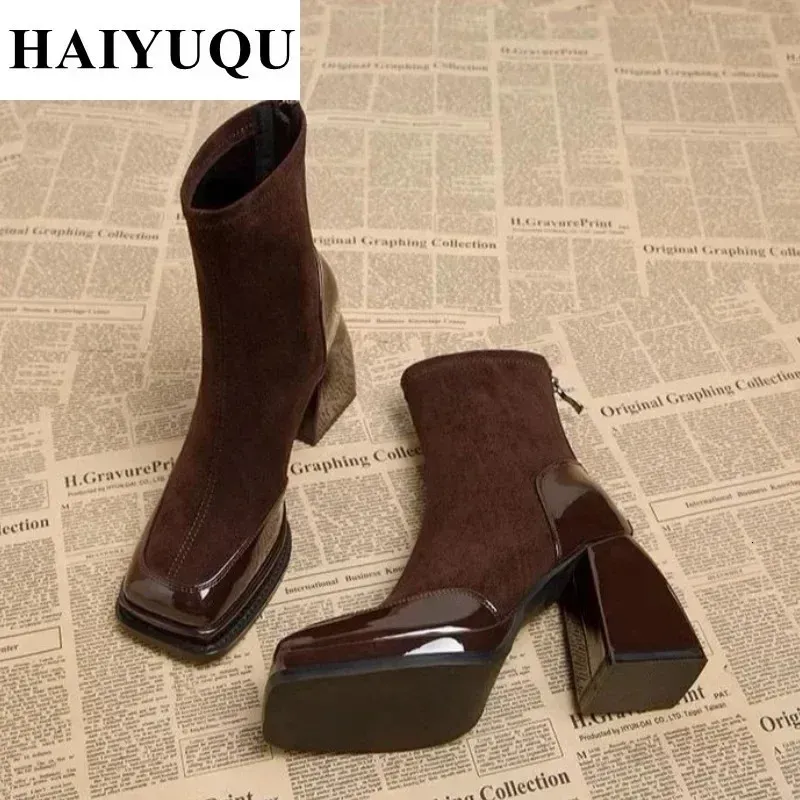 Square toe high-heeled womens ankle boots fashion suede snow winter shoes 2025 trend elegant short and chubby Fad Botas_ecoleips.com