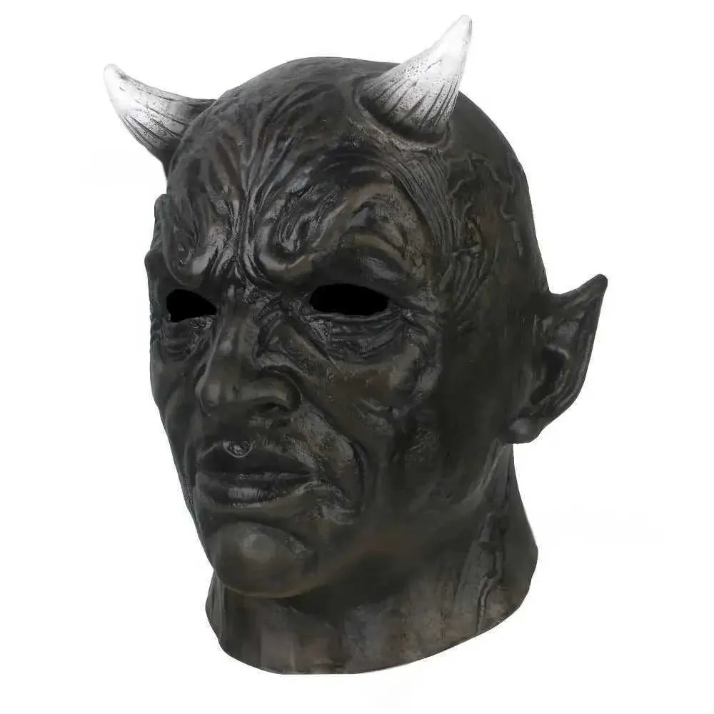 Costume de jeu de rôle noir pour adulte, masque en latex neutre Lucifer, équipement de tête de monstre, accessoires de diable, fête d'Halloween_voghion.com