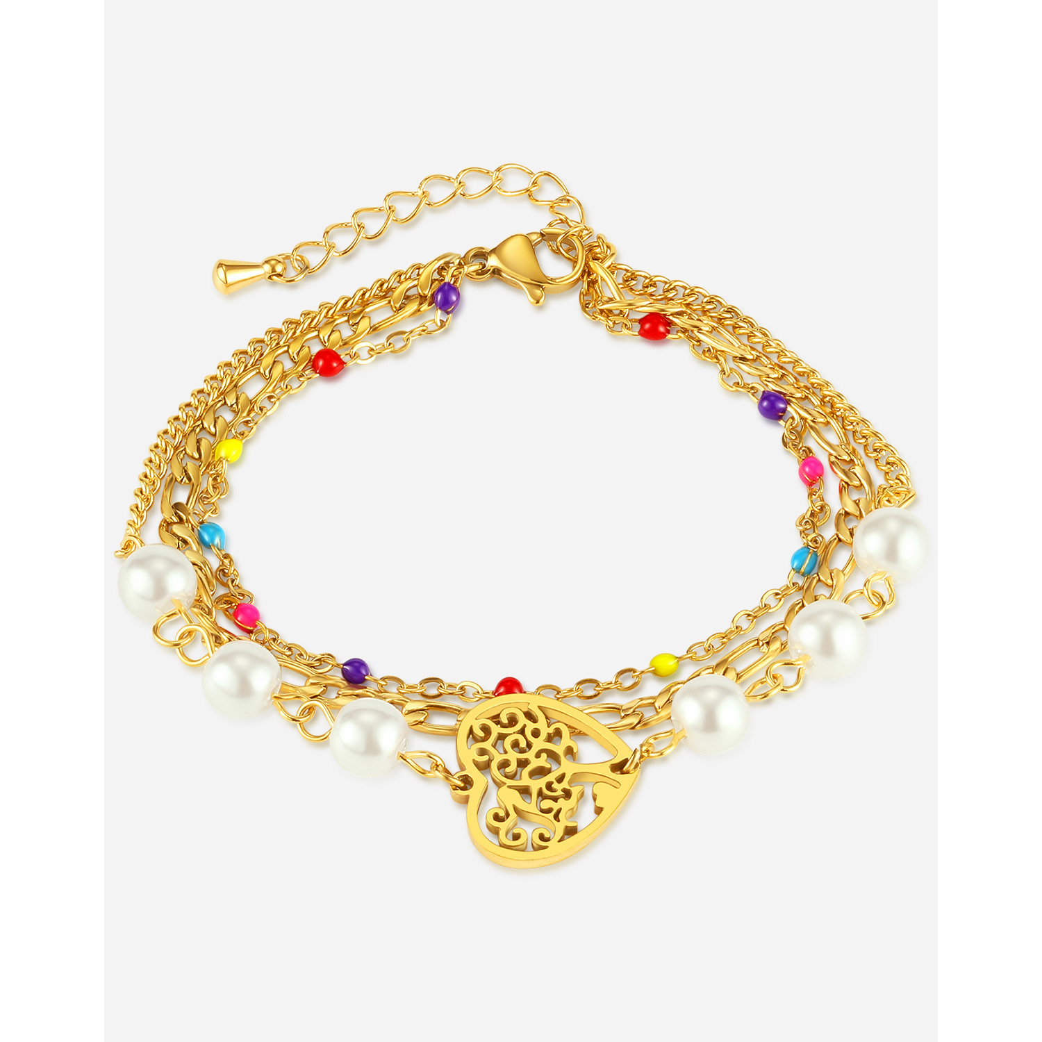 Bracciale a forma di cuore scavato in acciaio inossidabile a doppia catena a tre strati_voghion.com