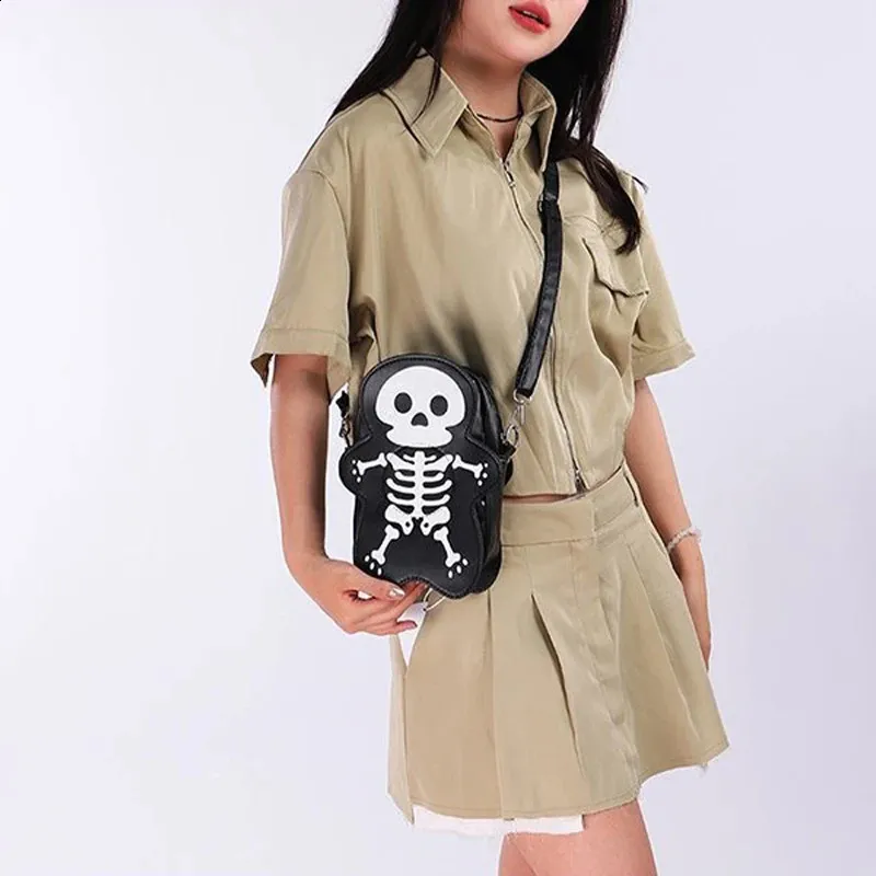 Halloween Crossbody Lustiges kleines süßes Skelett Schultertasche PU-Leder Messenger Handtasche Einkaufstasche Weihnachtsgeschenk 240912_voghion.com