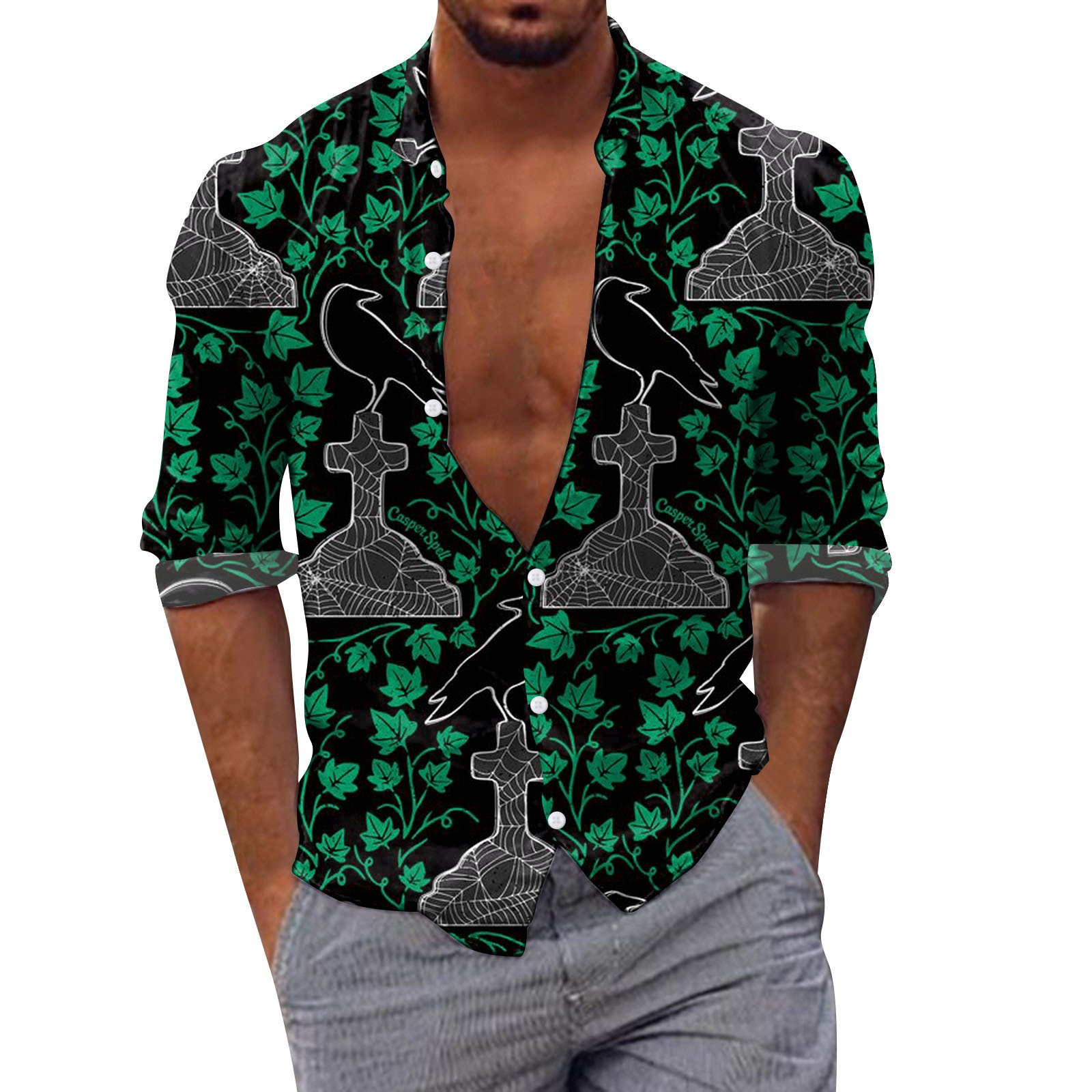 Maglietta da spiaggia ampia con stampa floreale in 3D, a maniche lunghe, da uomo, taglia USA, Halloween_voghion.com