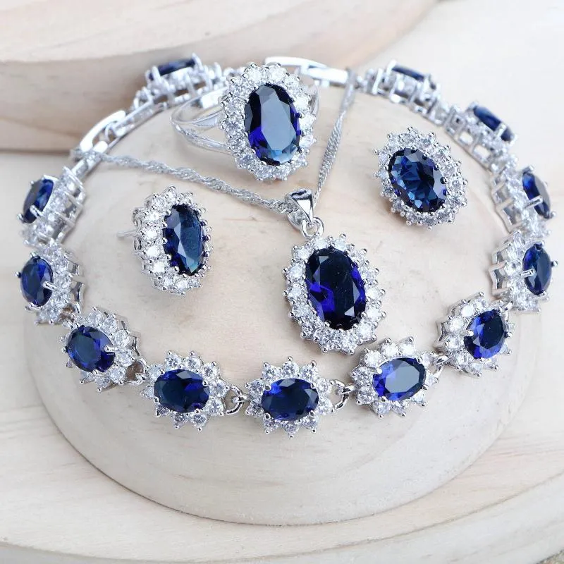 Bracelet Earrings Necklace Sier Women Bridal Blue Zirconia Costume Fine Jewellery Wedding Rings Bracelets Pendant Set_voghion.com