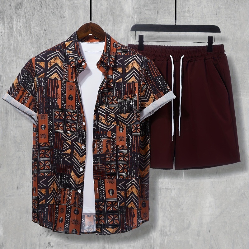 Europe and the United States 2024 summer new shirt shorts suit 3D printing leisure holiday men's cardigan two-piece set_voghion.com