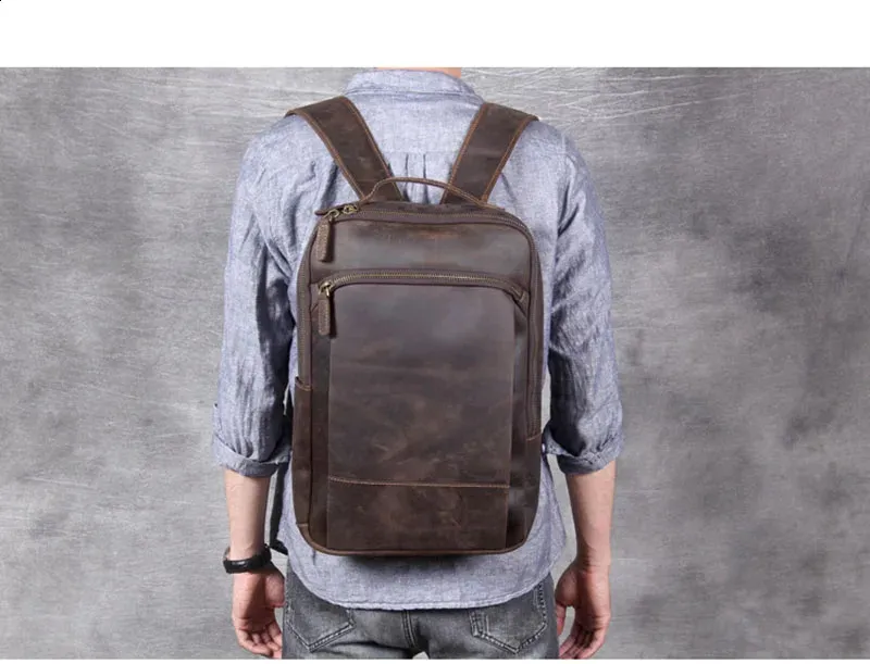 Vintage Mens Crazy Horse Leather genuine leather Retro Rucksack Large Classic Travel Backpack Big laptop computer bag_voghion.com